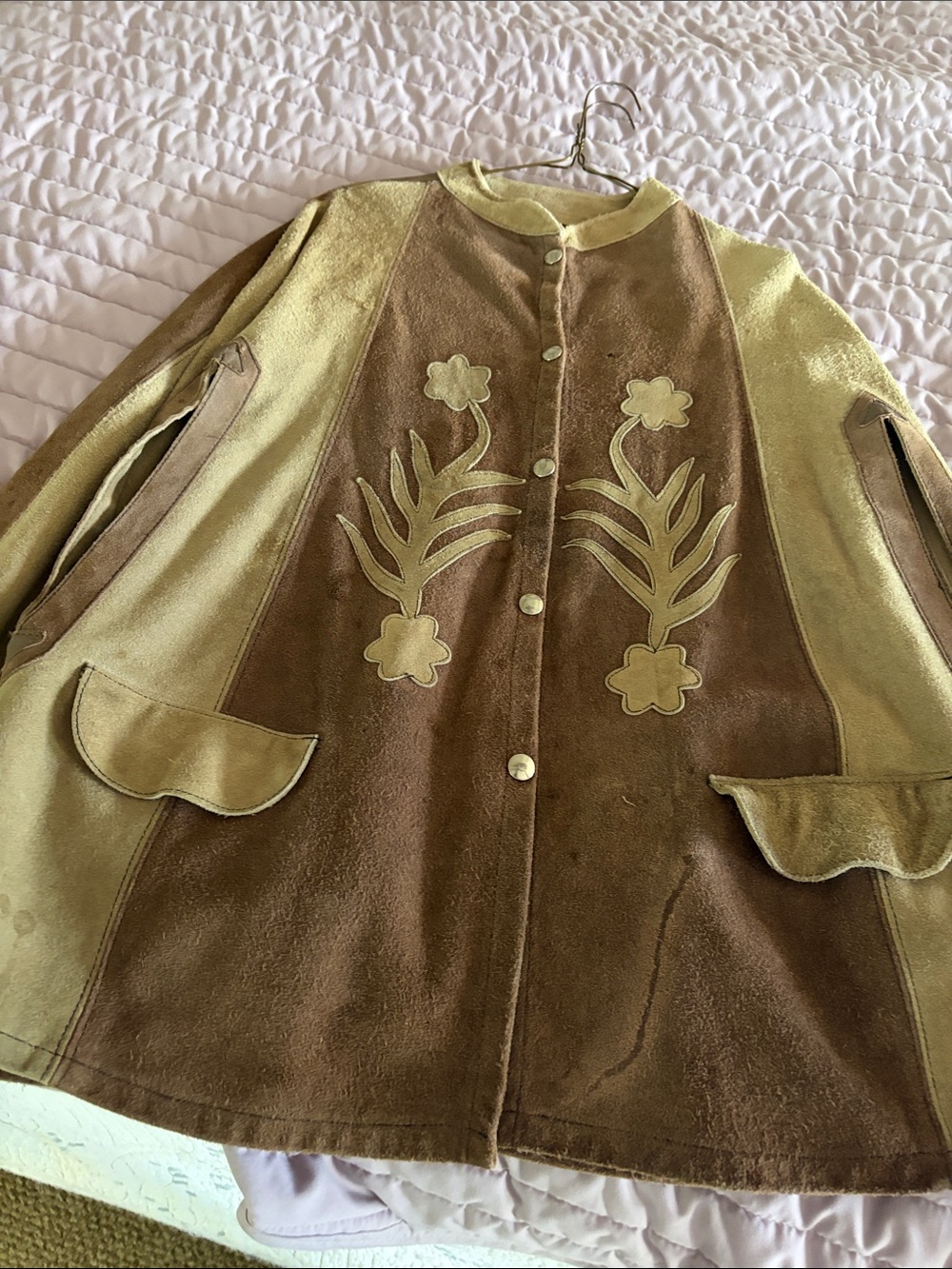 Women's Two-Tone Brown and Tan Suede Coat with Floral Applique